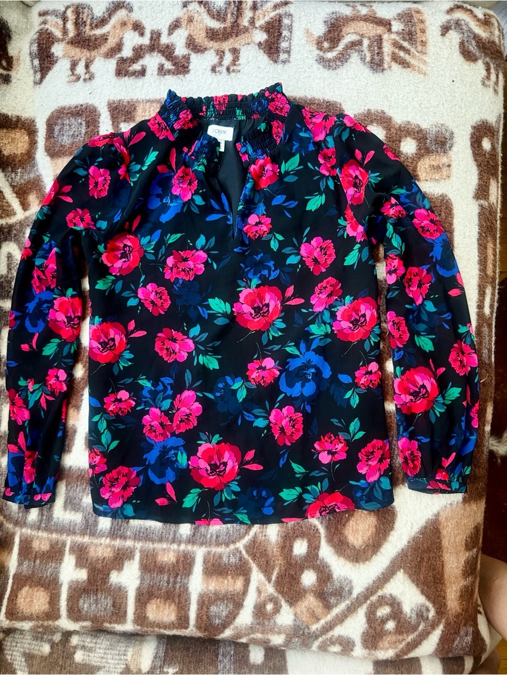 JCREW Black Floral Smocked-Neck Long Sleeve Blouse